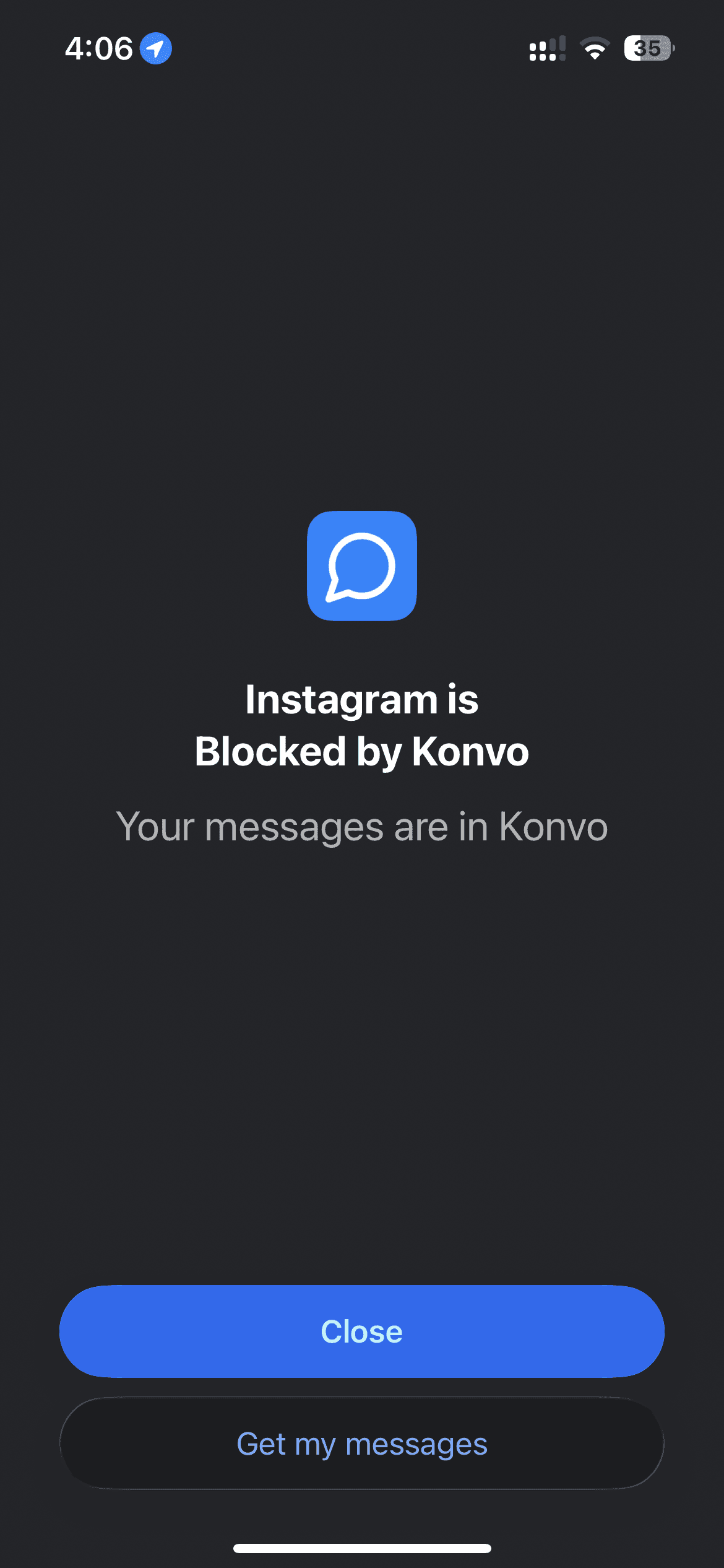Konvo’s iPhone Screen Time shield blocking Instagram with a Get my messages button
